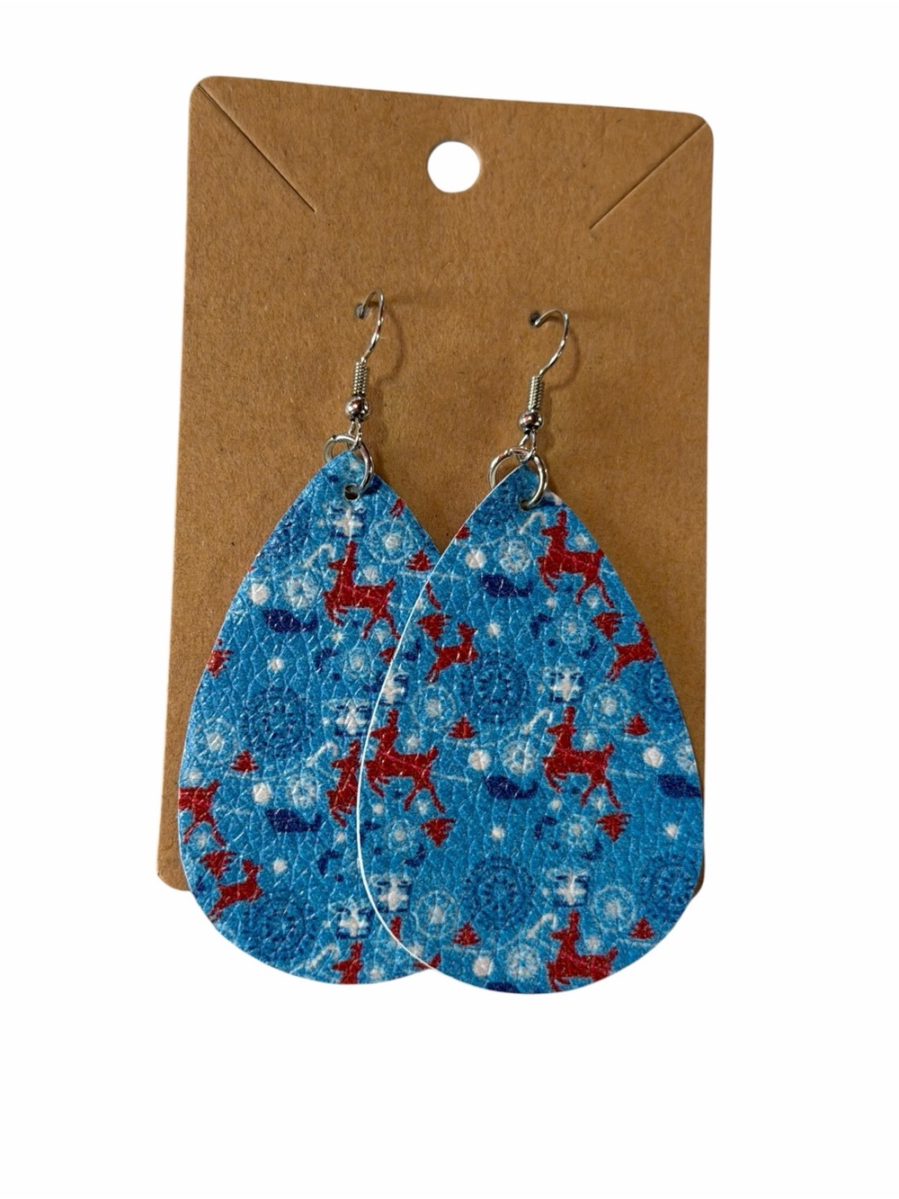 Blue Teardrop Leatherette Earrings with Red Accent